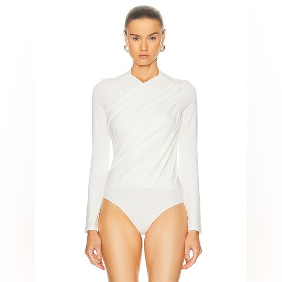 New Enza Costa Matte Long Sleeve Wrap Bodysuit in Off White - Picture 1 of 11